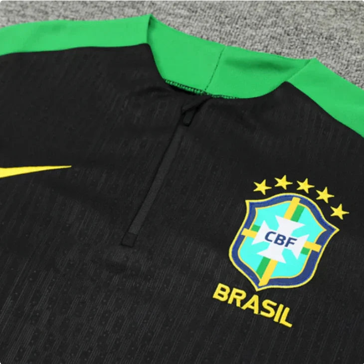 2025 Brazil Black and Green Half-Pull Tracksuit
